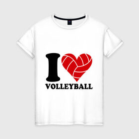 Женская футболка хлопок с принтом I love volleyball - Я люблю волейбол в Кировске, 100% хлопок | прямой крой, круглый вырез горловины, длина до линии бедер, слегка спущенное плечо | волейбол