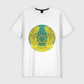 Мужская футболка премиум с принтом Казахстан герб в Кировске, 92% хлопок, 8% лайкра | приталенный силуэт, круглый вырез ворота, длина до линии бедра, короткий рукав | герб | государство | казахстан | символ | снг | страна