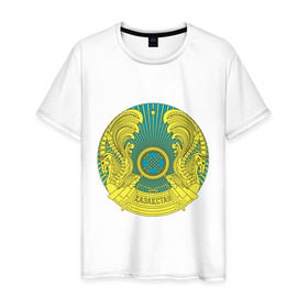 Мужская футболка хлопок с принтом Казахстан герб в Кировске, 100% хлопок | прямой крой, круглый вырез горловины, длина до линии бедер, слегка спущенное плечо. | герб | государство | казахстан | символ | снг | страна