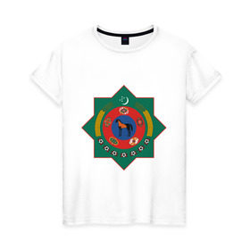 Женская футболка хлопок с принтом Туркмения герб в Кировске, 100% хлопок | прямой крой, круглый вырез горловины, длина до линии бедер, слегка спущенное плечо | герб | государство | символ | снг | страна | туркмения