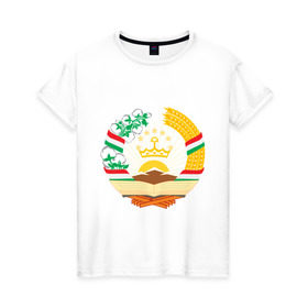 Женская футболка хлопок с принтом Таджикистан герб в Кировске, 100% хлопок | прямой крой, круглый вырез горловины, длина до линии бедер, слегка спущенное плечо | герб | государство | символ | снг | страна | таджикинстан