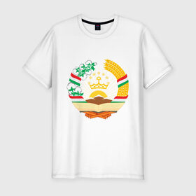 Мужская футболка премиум с принтом Таджикистан герб в Кировске, 92% хлопок, 8% лайкра | приталенный силуэт, круглый вырез ворота, длина до линии бедра, короткий рукав | герб | государство | символ | снг | страна | таджикинстан
