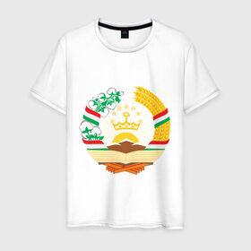 Мужская футболка хлопок с принтом Таджикистан герб в Кировске, 100% хлопок | прямой крой, круглый вырез горловины, длина до линии бедер, слегка спущенное плечо. | герб | государство | символ | снг | страна | таджикинстан