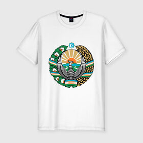 Мужская футболка премиум с принтом Узбекистан герб в Кировске, 92% хлопок, 8% лайкра | приталенный силуэт, круглый вырез ворота, длина до линии бедра, короткий рукав | герб | государство | символ | снг | страна | узбекистан
