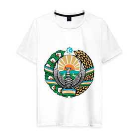 Мужская футболка хлопок с принтом Узбекистан герб в Кировске, 100% хлопок | прямой крой, круглый вырез горловины, длина до линии бедер, слегка спущенное плечо. | герб | государство | символ | снг | страна | узбекистан