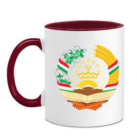 Кружка двухцветная с принтом Таджикистан герб в Кировске, керамика | объем — 330 мл, диаметр — 80 мм. Цветная ручка и кайма сверху, в некоторых цветах — вся внутренняя часть | политические | таджикистан герб | таджиксткий