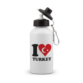 Бутылка спортивная с принтом I love turkey в Кировске, металл | емкость — 500 мл, в комплекте две пластиковые крышки и карабин для крепления | Тематика изображения на принте: i love turkey | полумесяц | турция | флаги | я люблю