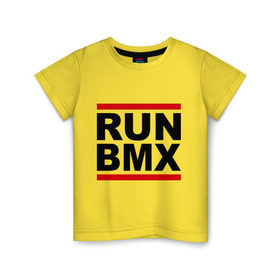 Детская футболка хлопок с принтом RUN BMX в Кировске, 100% хлопок | круглый вырез горловины, полуприлегающий силуэт, длина до линии бедер | Тематика изображения на принте: bmx | велик | вело | велогонки | велорейсинг | велосипед | спортивный велосипед | фрирайд | эктрим