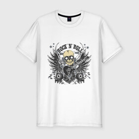 Мужская футболка премиум с принтом Rock `n `Roll в Кировске, 92% хлопок, 8% лайкра | приталенный силуэт, круглый вырез ворота, длина до линии бедра, короткий рукав | Тематика изображения на принте: гитара | крылья