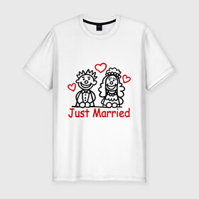Мужская футболка премиум с принтом Just married (Молодожены) в Кировске, 92% хлопок, 8% лайкра | приталенный силуэт, круглый вырез ворота, длина до линии бедра, короткий рукав | just married | джаст мэрид | жених | молодоженам | молодожены | невеста | свадьба