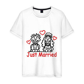 Мужская футболка хлопок с принтом Just married (Молодожены) в Кировске, 100% хлопок | прямой крой, круглый вырез горловины, длина до линии бедер, слегка спущенное плечо. | just married | джаст мэрид | жених | молодоженам | молодожены | невеста | свадьба
