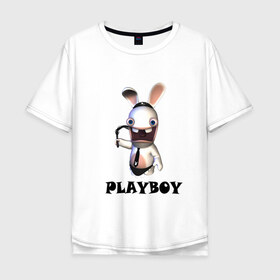 Мужская футболка хлопок Oversize с принтом Плейбой (2) в Кировске, 100% хлопок | свободный крой, круглый ворот, “спинка” длиннее передней части | playboy | зайчик | заяц | плейбой