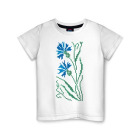 Детская футболка хлопок с принтом Василек-вышивка в Кировске, 100% хлопок | круглый вырез горловины, полуприлегающий силуэт, длина до линии бедер | василек | вышивать | вышивка | крестик | крестиком | цветок | цветочки | цветы