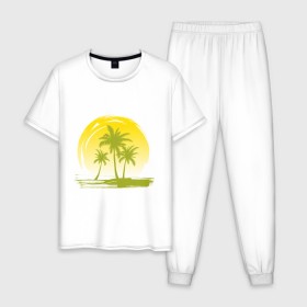 Мужская пижама хлопок с принтом Райский уголок в Кировске, 100% хлопок | брюки и футболка прямого кроя, без карманов, на брюках мягкая резинка на поясе и по низу штанин
 | море | на море | пальмы | пляж | рай | райский отдых | райский уголок | райское наслаждение