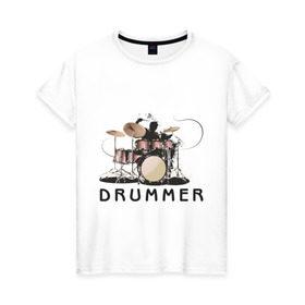 Женская футболка хлопок с принтом Drummer в Кировске, 100% хлопок | прямой крой, круглый вырез горловины, длина до линии бедер, слегка спущенное плечо | drummer | барабанщик | барабаны | драммер | ударник | ударные