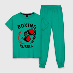 Женская пижама хлопок с принтом Boxing russia forever в Кировске, 100% хлопок | брюки и футболка прямого кроя, без карманов, на брюках мягкая резинка на поясе и по низу штанин | 