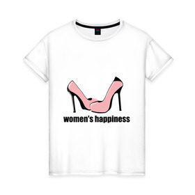 Женская футболка хлопок с принтом Женское счастье в Кировске, 100% хлопок | прямой крой, круглый вырез горловины, длина до линии бедер, слегка спущенное плечо | woman | гламур | девушкам | женское счастье | каблуки | розовые туфли | туфли | шпильки