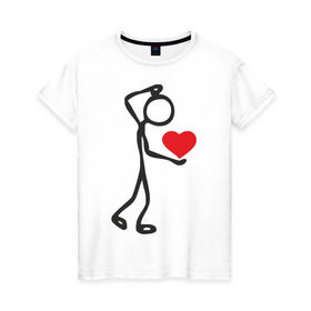 Женская футболка хлопок с принтом Человечек с сердцем (2) в Кировске, 100% хлопок | прямой крой, круглый вырез горловины, длина до линии бедер, слегка спущенное плечо | влюбленный | сердечко в руках | сердце | сердце в руках | человечек