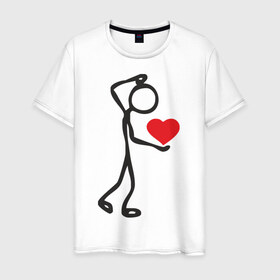 Мужская футболка хлопок с принтом Человечек с сердцем (2) в Кировске, 100% хлопок | прямой крой, круглый вырез горловины, длина до линии бедер, слегка спущенное плечо. | влюбленный | сердечко в руках | сердце | сердце в руках | человечек