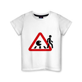 Детская футболка хлопок с принтом Хищный pacman в Кировске, 100% хлопок | круглый вырез горловины, полуприлегающий силуэт, длина до линии бедер | pacman | голодный колобок.пэкмен | дорожные знаки | пакмен | пешеход