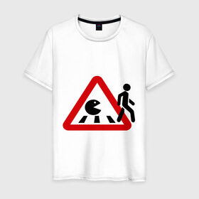 Мужская футболка хлопок с принтом Хищный pacman в Кировске, 100% хлопок | прямой крой, круглый вырез горловины, длина до линии бедер, слегка спущенное плечо. | pacman | голодный колобок.пэкмен | дорожные знаки | пакмен | пешеход