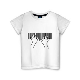 Детская футболка хлопок с принтом Фортепиано штрихкод в Кировске, 100% хлопок | круглый вырез горловины, полуприлегающий силуэт, длина до линии бедер | пианино | руки | фортепиано | штрих код | штрихкод
