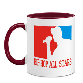 Кружка двухцветная с принтом Hip-Hop all stars в Кировске, керамика | объем — 330 мл, диаметр — 80 мм. Цветная ручка и кайма сверху, в некоторых цветах — вся внутренняя часть | gangsta | gansta | hip | hip hop | hop | rap | рэп | рэпчина | хип | хип хоп | хипхоп | хоп