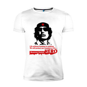 Мужская футболка премиум с принтом Kaddafi hero в Кировске, 92% хлопок, 8% лайкра | приталенный силуэт, круглый вырез ворота, длина до линии бедра, короткий рукав | kadafi | kaddafi | кадафи | каддафи | муамар каддафи