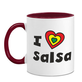 Кружка двухцветная с принтом Я люблю сальсу (5) в Кировске, керамика | объем — 330 мл, диаметр — 80 мм. Цветная ручка и кайма сверху, в некоторых цветах — вся внутренняя часть | Тематика изображения на принте: bachata | i love | i love salsa | lambada | latina | salsa | бачата | ламбада | латина | латиноамериканская музыка | латиноамериканские танцы | сальса | танго | танец | танцы | ча ча ча | я люблю | я люблю сальсу
