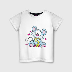 Детская футболка хлопок с принтом Влюбленный в сыр мышенок (2) в Кировске, 100% хлопок | круглый вырез горловины, полуприлегающий силуэт, длина до линии бедер | мышка | мышонок | мышь | сыр