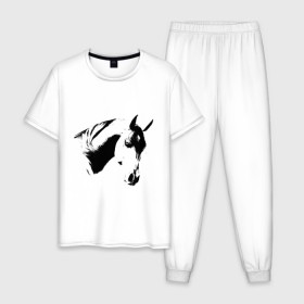 Мужская пижама хлопок с принтом Лошадь черно-белая (5) в Кировске, 100% хлопок | брюки и футболка прямого кроя, без карманов, на брюках мягкая резинка на поясе и по низу штанин
 | конь | лошадка | лошадь | лошадь черно белая