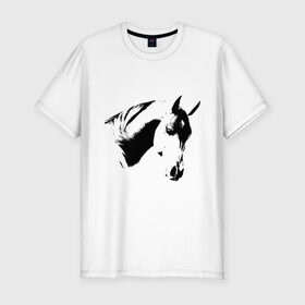 Мужская футболка премиум с принтом Лошадь черно-белая (5) в Кировске, 92% хлопок, 8% лайкра | приталенный силуэт, круглый вырез ворота, длина до линии бедра, короткий рукав | конь | лошадка | лошадь | лошадь черно белая