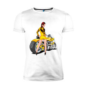 Мужская футболка премиум с принтом The excellent bike & sexy girl (2) в Кировске, 92% хлопок, 8% лайкра | приталенный силуэт, круглый вырез ворота, длина до линии бедра, короткий рукав | байк | девушка | для байкеров | красивая девушка | мото | мотоцикл | супер мотоцикл | супермотоцикл