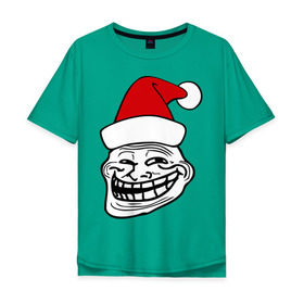 Мужская футболка хлопок Oversize с принтом Trollface в колпаке в Кировске, 100% хлопок | свободный крой, круглый ворот, “спинка” длиннее передней части | troll face | колпак | новогодний | новый год | рожа | тролл фейс | тролль | тролфейс | троль