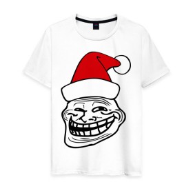 Мужская футболка хлопок с принтом Trollface в колпаке в Кировске, 100% хлопок | прямой крой, круглый вырез горловины, длина до линии бедер, слегка спущенное плечо. | troll face | колпак | новогодний | новый год | рожа | тролл фейс | тролль | тролфейс | троль