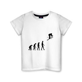 Детская футболка хлопок с принтом Эволюция лыжник в Кировске, 100% хлопок | круглый вырез горловины, полуприлегающий силуэт, длина до линии бедер | гора | горные лыжи | зимний спорт | лыжник | лыжный спорт | трассы | шерегеш | эволюция | экстремальный спорт | экстрим