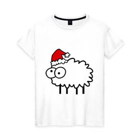 Женская футболка хлопок с принтом Новогодний бараш в Кировске, 100% хлопок | прямой крой, круглый вырез горловины, длина до линии бедер, слегка спущенное плечо | баран | бараш | бараш в шапке | барашек | новый год | овечка