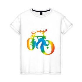 Женская футболка хлопок с принтом Велобуквы полноцвет в Кировске, 100% хлопок | прямой крой, круглый вырез горловины, длина до линии бедер, слегка спущенное плечо | алфавит | буквы | велосипед