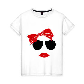 Женская футболка хлопок с принтом Vintage в Кировске, 100% хлопок | прямой крой, круглый вырез горловины, длина до линии бедер, слегка спущенное плечо | бант | винтаж | губы | девушка | лицо | очки | помада