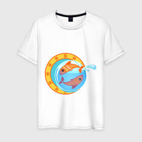Мужская футболка хлопок с принтом Крутой зодиак - Рыбы в Кировске, 100% хлопок | прямой крой, круглый вырез горловины, длина до линии бедер, слегка спущенное плечо. | Тематика изображения на принте: знаки зодиака | зодиак | рыба | рыбка | рыбы