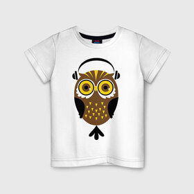 Детская футболка хлопок с принтом Сова в наушниках в Кировске, 100% хлопок | круглый вырез горловины, полуприлегающий силуэт, длина до линии бедер | сова