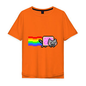 Мужская футболка хлопок Oversize с принтом Nyan Cat в Кировске, 100% хлопок | свободный крой, круглый ворот, “спинка” длиннее передней части | Тематика изображения на принте: nyan cat | интернет приколы | кошка | нян кэт
