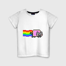 Детская футболка хлопок с принтом Nyan Cat в Кировске, 100% хлопок | круглый вырез горловины, полуприлегающий силуэт, длина до линии бедер | nyan cat | интернет приколы | кошка | нян кэт