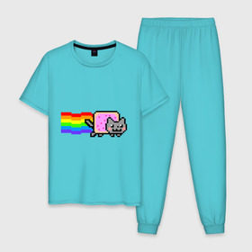 Мужская пижама хлопок с принтом Nyan Cat в Кировске, 100% хлопок | брюки и футболка прямого кроя, без карманов, на брюках мягкая резинка на поясе и по низу штанин
 | nyan cat | интернет приколы | кошка | нян кэт
