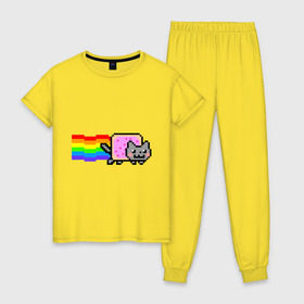 Женская пижама хлопок с принтом Nyan Cat в Кировске, 100% хлопок | брюки и футболка прямого кроя, без карманов, на брюках мягкая резинка на поясе и по низу штанин | nyan cat | интернет приколы | кошка | нян кэт
