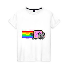 Женская футболка хлопок с принтом Nyan Cat в Кировске, 100% хлопок | прямой крой, круглый вырез горловины, длина до линии бедер, слегка спущенное плечо | nyan cat | интернет приколы | кошка | нян кэт