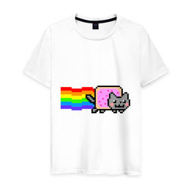 Мужская футболка хлопок с принтом Nyan Cat в Кировске, 100% хлопок | прямой крой, круглый вырез горловины, длина до линии бедер, слегка спущенное плечо. | nyan cat | интернет приколы | кошка | нян кэт