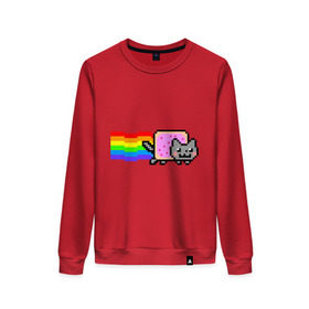 Женский свитшот хлопок с принтом Nyan Cat в Кировске, 100% хлопок | прямой крой, круглый вырез, на манжетах и по низу широкая трикотажная резинка  | nyan cat | интернет приколы | кошка | нян кэт
