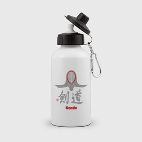 Бутылка спортивная с принтом Кендо маска иероглиф в Кировске, металл | емкость — 500 мл, в комплекте две пластиковые крышки и карабин для крепления | kendo | иероглиф | кендо | кендо иероглиф | лого | маска