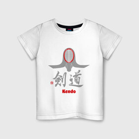 Детская футболка хлопок с принтом Кендо маска иероглиф в Кировске, 100% хлопок | круглый вырез горловины, полуприлегающий силуэт, длина до линии бедер | kendo | иероглиф | кендо | кендо иероглиф | лого | маска